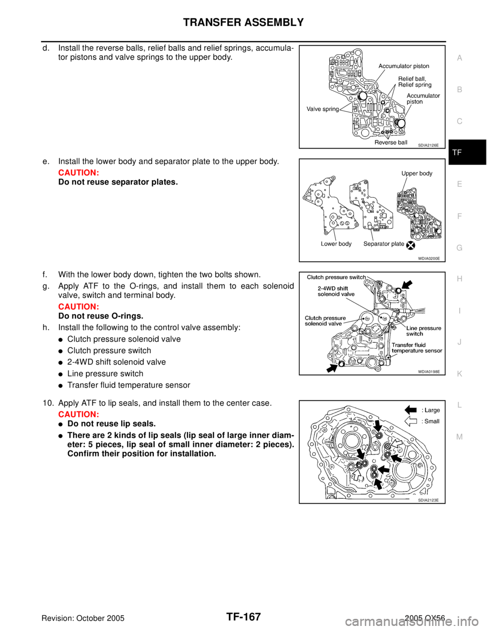 INFINITI QX4 2005  Factory Service Manual TRANSFER ASSEMBLY
TF-167
C
E
F
G
H
I
J
K
L
MA
B
TF
Revision: October 20052005 QX56
d. Install the reverse balls, relief balls and relief springs, accumula-
tor pistons and valve springs to the upper b