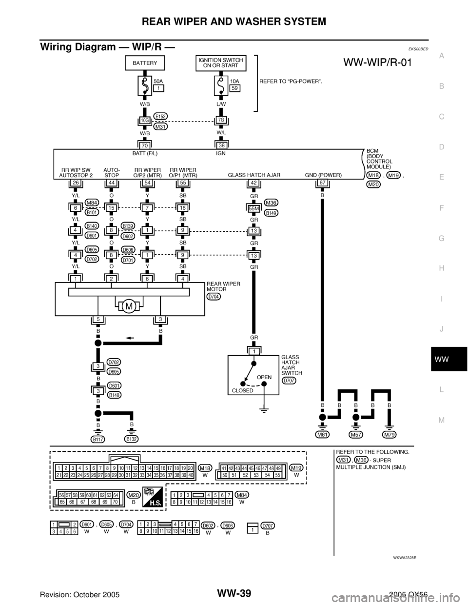 INFINITI QX4 2005  Factory Service Manual REAR WIPER AND WASHER SYSTEM
WW-39
C
D
E
F
G
H
I
J
L
MA
B
WW
Revision: October 20052005 QX56
Wiring Diagram — WIP/R —EKS00BED
WKWA2328E 