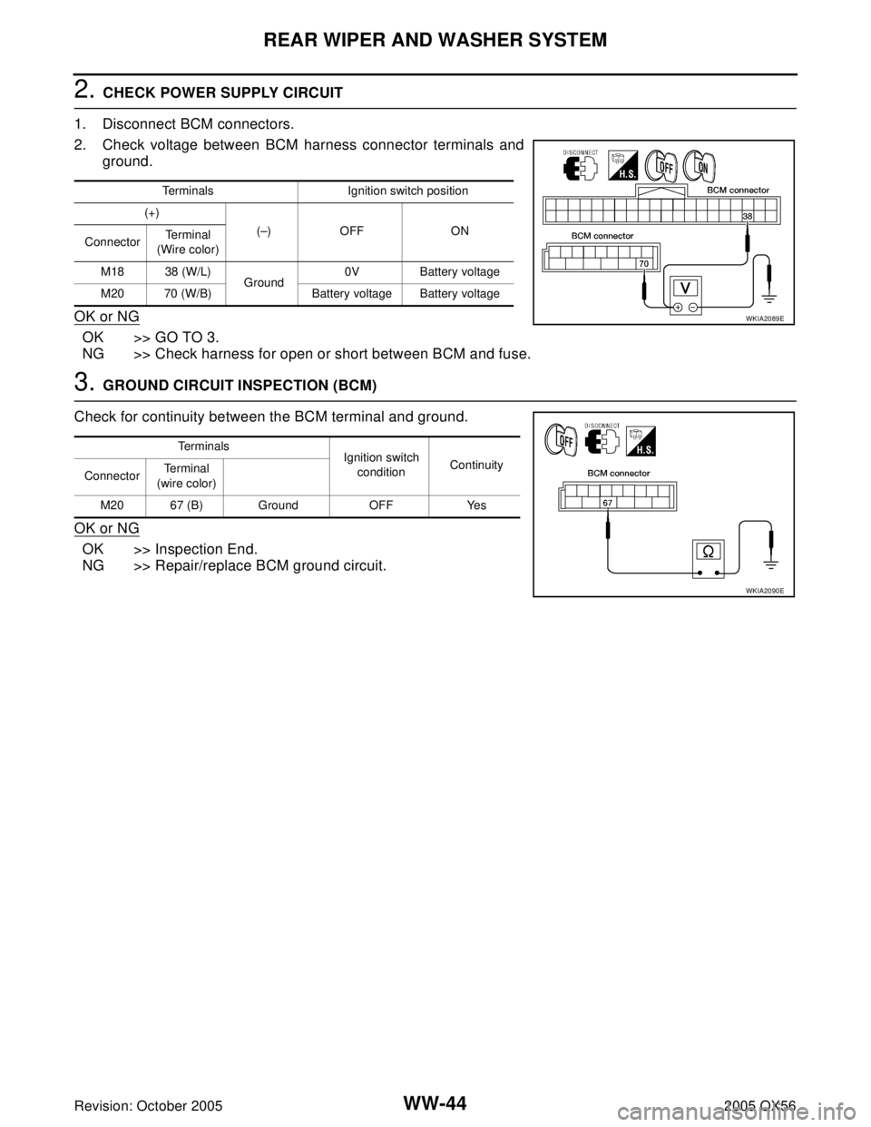 INFINITI QX4 2005  Factory Service Manual WW-44
REAR WIPER AND WASHER SYSTEM
Revision: October 20052005 QX56
2. CHECK POWER SUPPLY CIRCUIT 
1. Disconnect BCM connectors.
2. Check voltage between BCM harness connector terminals and
ground.
OK 