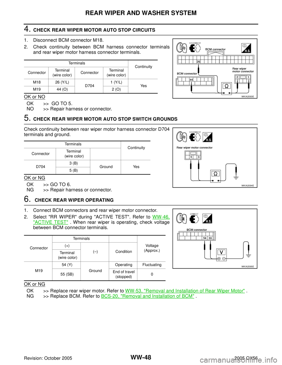 INFINITI QX4 2005  Factory Service Manual WW-48
REAR WIPER AND WASHER SYSTEM
Revision: October 20052005 QX56
4. CHECK REAR WIPER MOTOR AUTO STOP CIRCUITS
1. Disconnect BCM connector M18.
2. Check continuity between BCM harness connector termi
