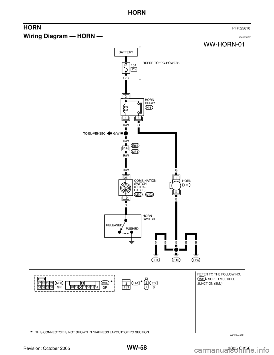 INFINITI QX4 2005  Factory Service Manual WW-58
HORN
Revision: October 20052005 QX56
HORNPFP:25610
Wiring Diagram — HORN — EKS00BEY
WKWA4495E 