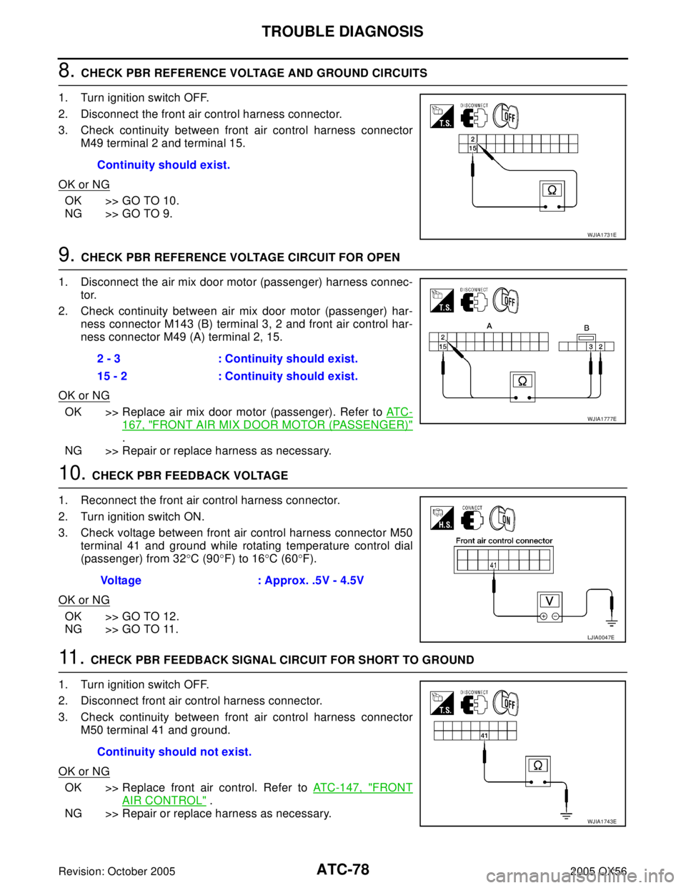 INFINITI QX4 2005 Factory Service Manual ATC-78
TROUBLE DIAGNOSIS
Revision: October 20052005 QX56
8. CHECK PBR REFERENCE VOLTAGE AND GROUND CIRCUITS
1. Turn ignition switch OFF.
2. Disconnect the front air control harness connector.
3. Check INFINITI QX4 2005 Factory Service Manual ATC-78
TROUBLE DIAGNOSIS
Revision: October 20052005 QX56
8. CHECK PBR REFERENCE VOLTAGE AND GROUND CIRCUITS
1. Turn ignition switch OFF.
2. Disconnect the front air control harness connector.
3. Check