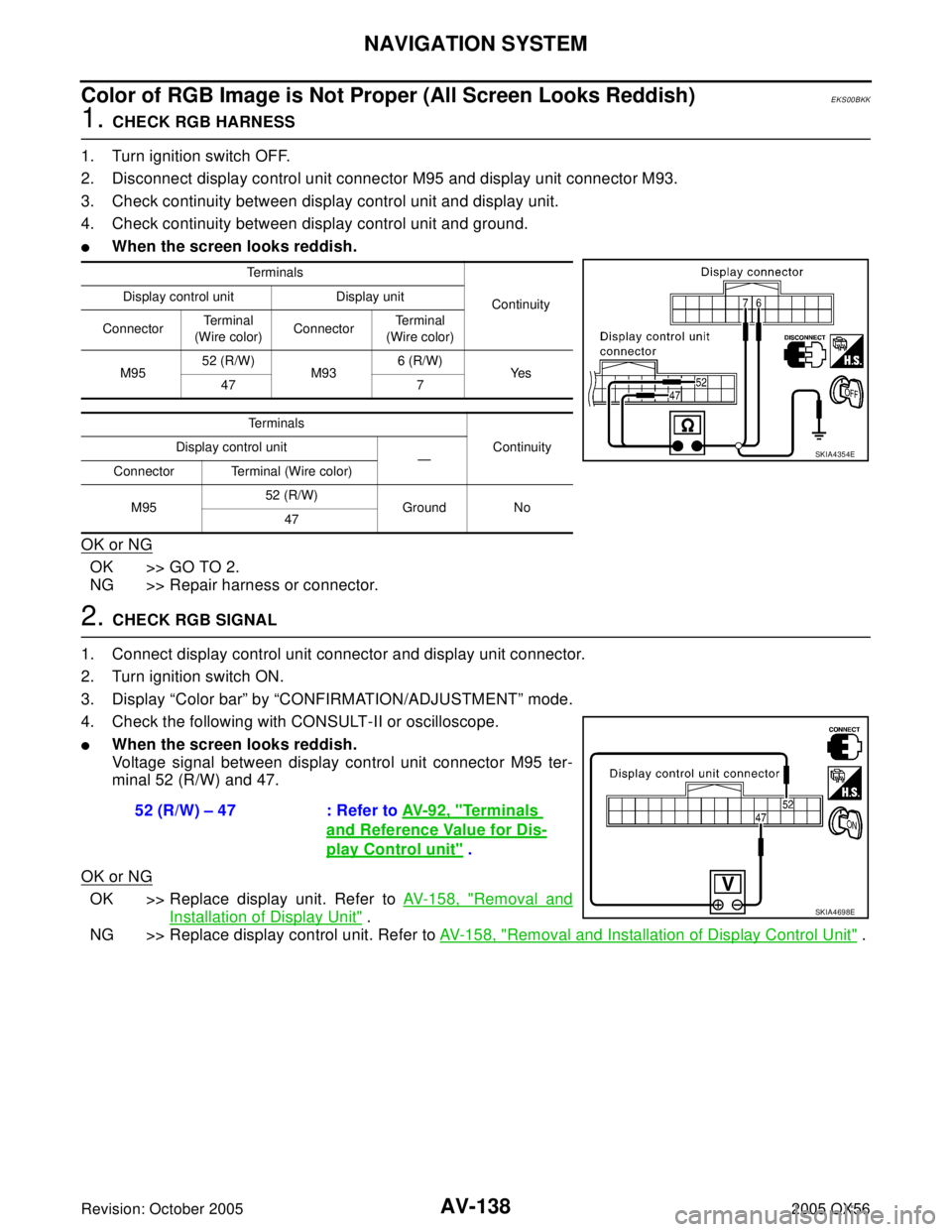INFINITI QX4 2005  Factory Service Manual AV-138
NAVIGATION SYSTEM
Revision: October 20052005 QX56
Color of RGB Image is Not Proper (All Screen Looks Reddish)EKS00BKK
1. CHECK RGB HARNESS
1. Turn ignition switch OFF.
2. Disconnect display con