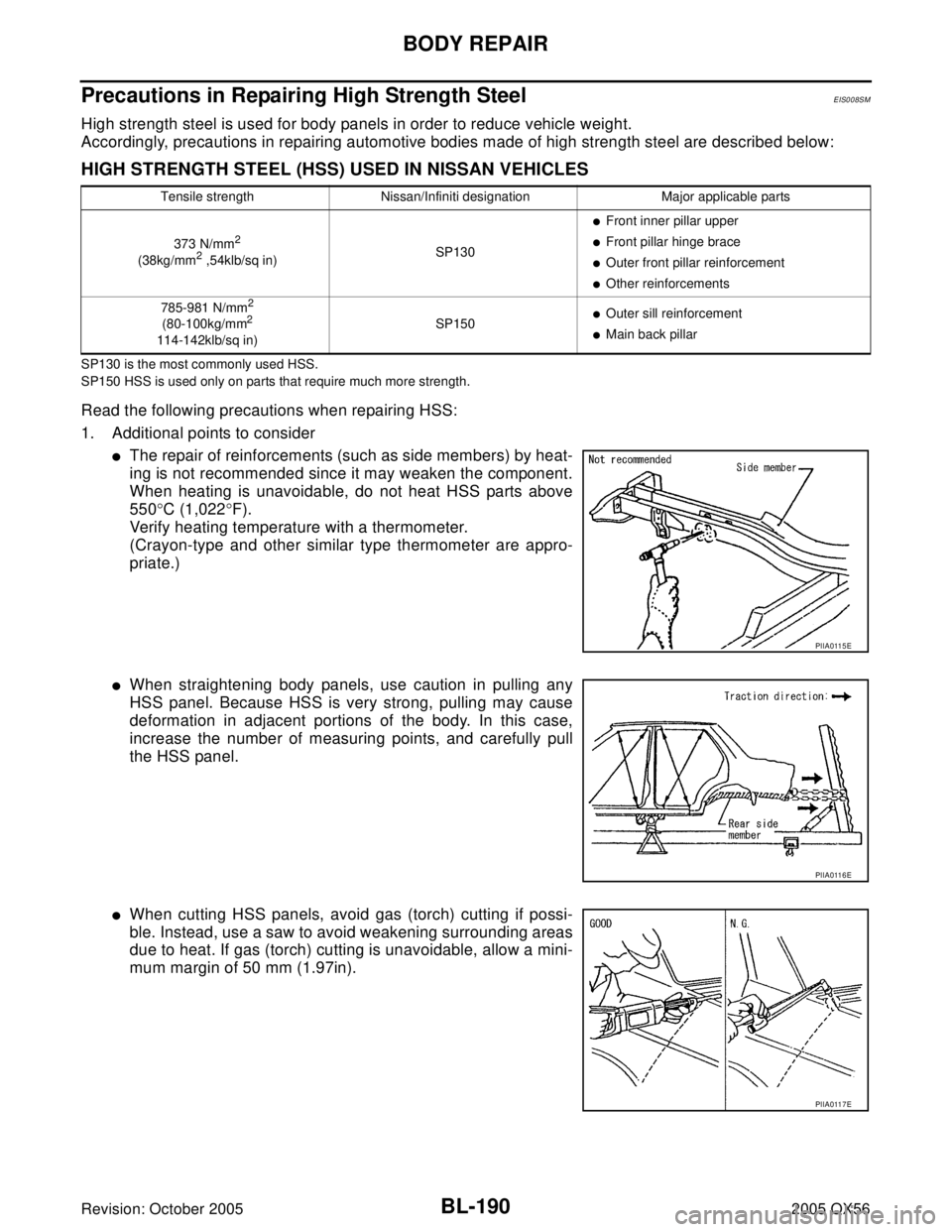 INFINITI QX4 2005 Factory Service Manual BL-190
BODY REPAIR
Revision: October 20052005 QX56
Precautions in Repairing High Strength SteelEIS008SM
High strength steel is used for body panels in order to reduce vehicle weight.
Accordingly, prec INFINITI QX4 2005 Factory Service Manual BL-190
BODY REPAIR
Revision: October 20052005 QX56
Precautions in Repairing High Strength SteelEIS008SM
High strength steel is used for body panels in order to reduce vehicle weight.
Accordingly, prec