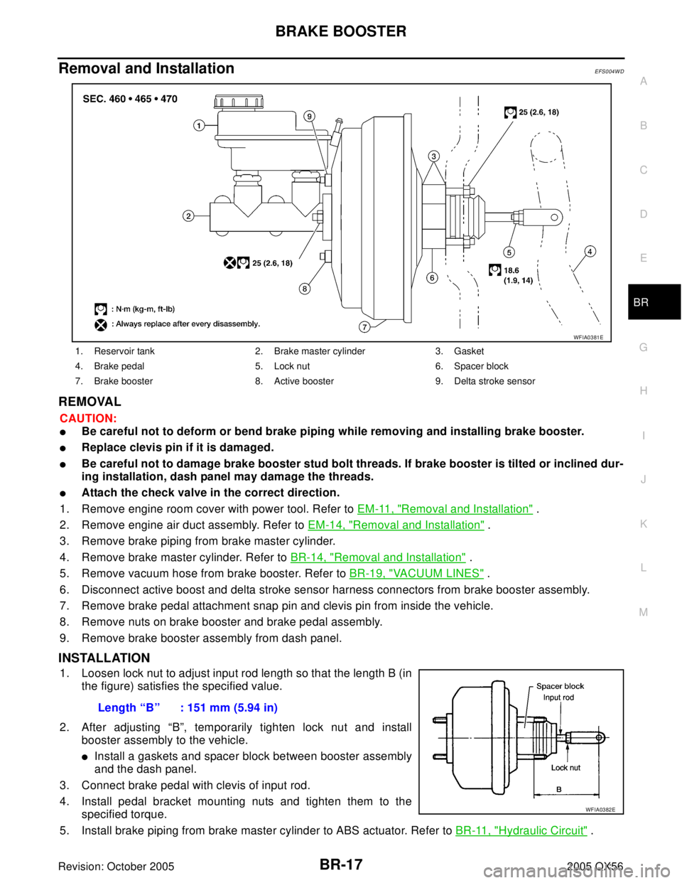 INFINITI QX4 2005 Factory Service Manual BRAKE BOOSTER
BR-17
C
D
E
G
H
I
J
K
L
MA
B
BR
Revision: October 20052005 QX56
Removal and InstallationEFS004WD
REMOVAL
CAUTION:
Be careful not to deform or bend brake piping while removing and insta INFINITI QX4 2005 Factory Service Manual BRAKE BOOSTER
BR-17
C
D
E
G
H
I
J
K
L
MA
B
BR
Revision: October 20052005 QX56
Removal and InstallationEFS004WD
REMOVAL
CAUTION:
Be careful not to deform or bend brake piping while removing and insta