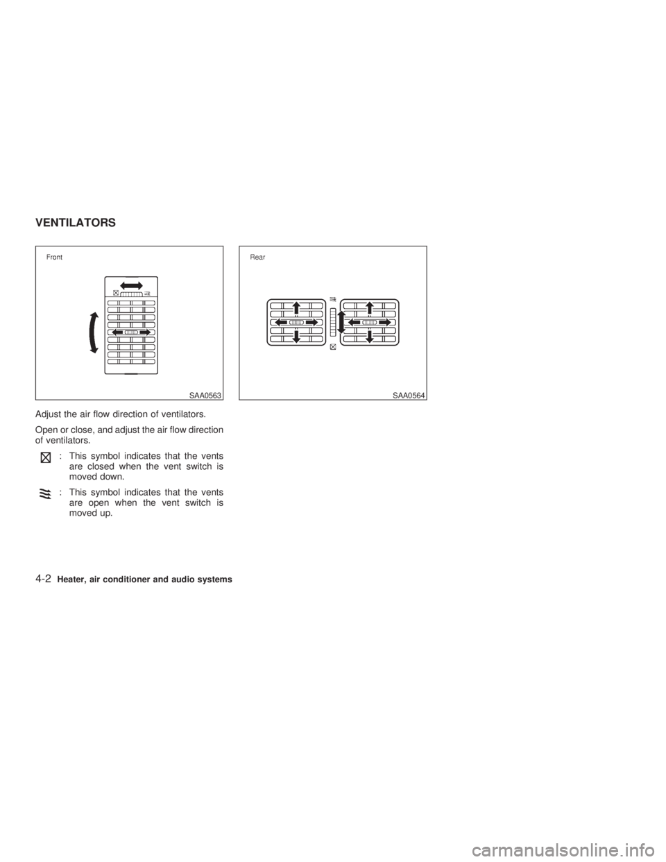 INFINITI G35 2003  Owners Manual Adjust the air flow direction of ventilators.
Open or close, and adjust the air flow direction
of ventilators.
: This symbol indicates that the vents
are closed when the vent switch is
moved down.
: T
