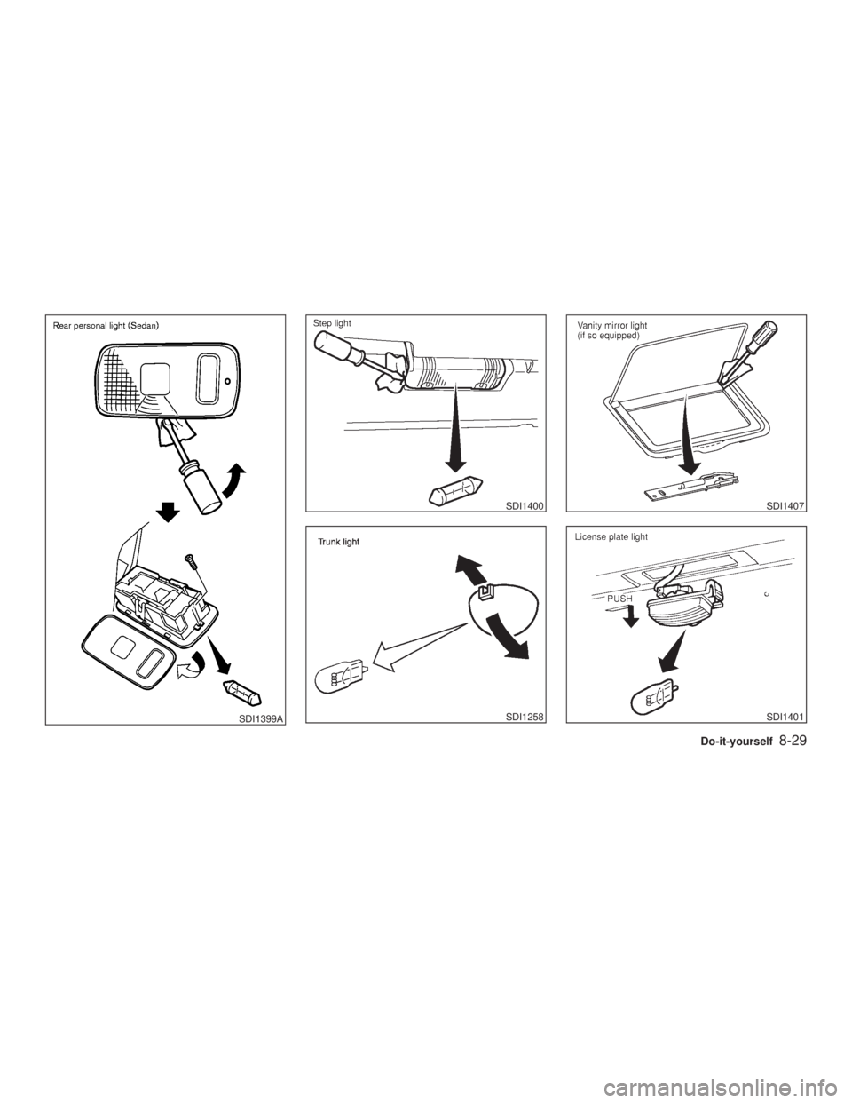 INFINITI G35 2003  Owners Manual SDI1399A SDI1400
SDI1258 SDI1407
SDI1401
Do-it-yourself
8-29
Z 02.7.29/V35-D/V5.0
X 