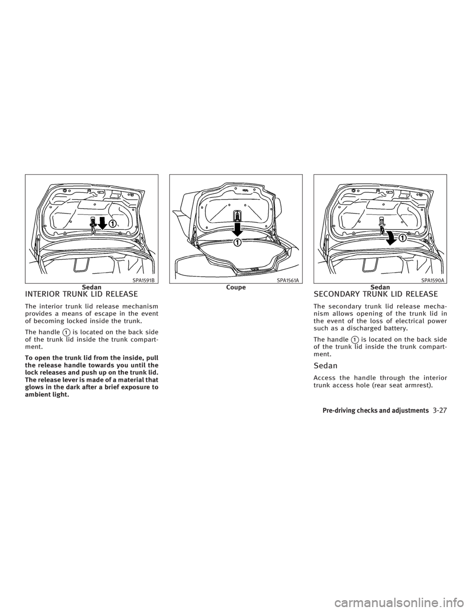 INFINITI G35 2006  Owners Manual INTERIOR TRUNK LID RELEASE The interior trunk lid release mechanism
provides a means of escape in the event
of becoming locked inside the trunk.
The handle
q 1
is located on the back side
of the trunk