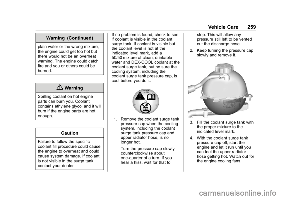 BUICK REGAL SPORTBACK 2019  Owners Manual Buick Regal Owner Manual (GMNA-Localizing-U.S./Canada-12163021) -
2019 - CRC - 11/14/18
Vehicle Care 259
Warning (Continued)
plain water or the wrong mixture,
the engine could get too hot but
there wo