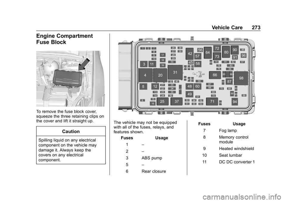 BUICK REGAL SPORTBACK 2019  Owners Manual Buick Regal Owner Manual (GMNA-Localizing-U.S./Canada-12163021) -
2019 - CRC - 11/14/18
Vehicle Care 273
Engine Compartment
Fuse Block
To remove the fuse block cover,
squeeze the three retaining clips