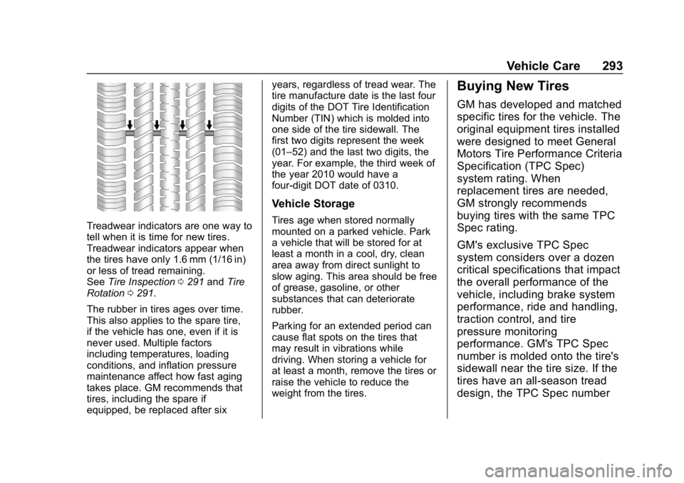 BUICK REGAL SPORTBACK 2019  Owners Manual Buick Regal Owner Manual (GMNA-Localizing-U.S./Canada-12163021) -
2019 - CRC - 11/14/18
Vehicle Care 293
Treadwear indicators are one way to
tell when it is time for new tires.
Treadwear indicators ap