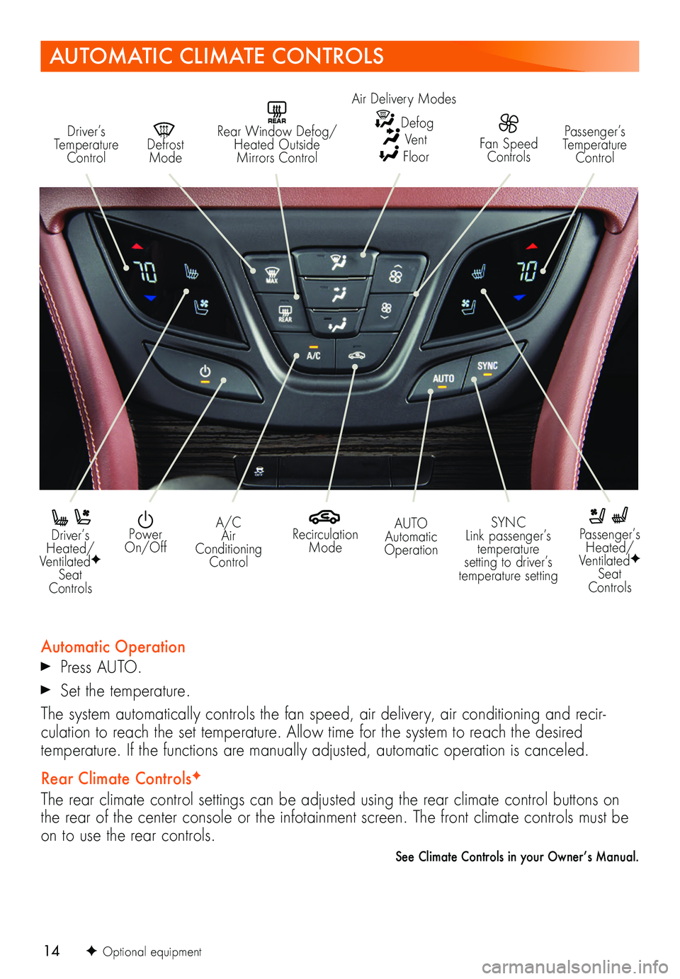 BUICK BENVISION 2018 Get To Know Guide 14F Optional equipment
AUTOMATIC CLIMATE CONTROLS
Driver’s Temperature Control
REAR Rear Window Defog/Heated Outside Mirrors Control
Defrost Mode
Passenger’s Temperature Control
Driver’s Heat BUICK BENVISION 2018 Get To Know Guide 14F Optional equipment
AUTOMATIC CLIMATE CONTROLS
Driver’s Temperature Control
REAR Rear Window Defog/Heated Outside Mirrors Control
Defrost Mode
Passenger’s Temperature Control
Driver’s Heat
