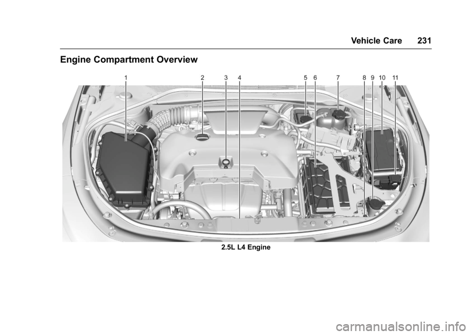 BUICK LACROSSE 2018  Owners Manual Buick LaCrosse Owner Manual (GMNA-Localizing-U.S./Canada-10999169) -
2018 - crc - 3/28/17
Vehicle Care 231
Engine Compartment Overview
2.5L L4 Engine 