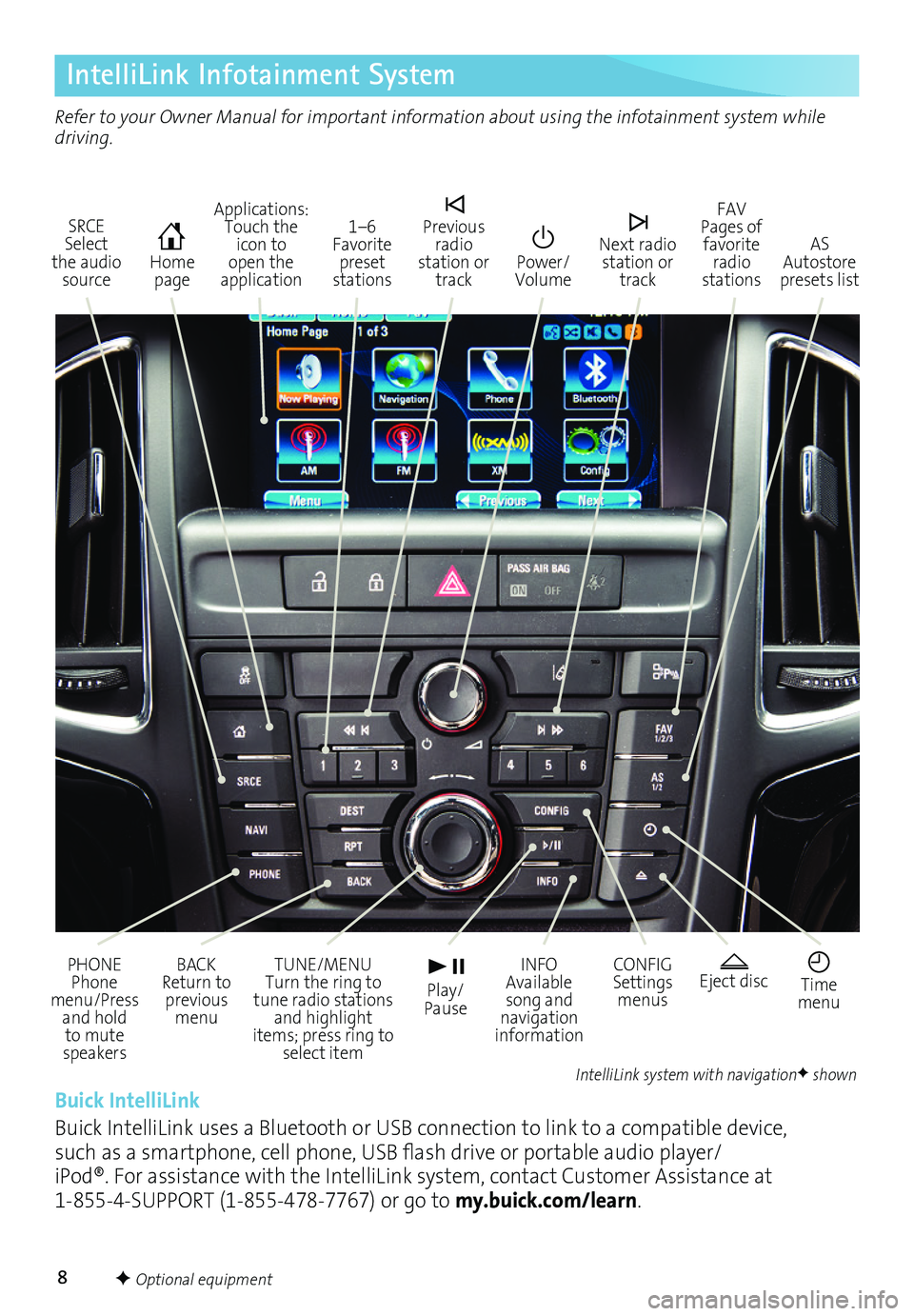 BUICK CASCADA 2017 Get To Know Guide 8
IntelliLink Infotainment System
SRCE Select the audio source
Home page
AS Autostore presets list
Applications: Touch the icon to open the application
PHONE Phone menu/Press and hold to mute speaker BUICK CASCADA 2017 Get To Know Guide 8
IntelliLink Infotainment System
SRCE Select the audio source
Home page
AS Autostore presets list
Applications: Touch the icon to open the application
PHONE Phone menu/Press and hold to mute speaker