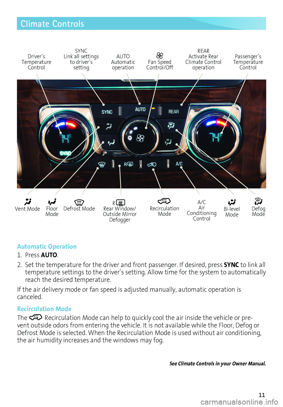 BUICK ENCLAVE 2017  Get To Know Guide 11
Climate Controls
Automatic Operation
1. Press AUTO.
2. Set the temperature for the driver and front passenger. If desired, press SYNC to link all temperature settings to the driver’s setting. All