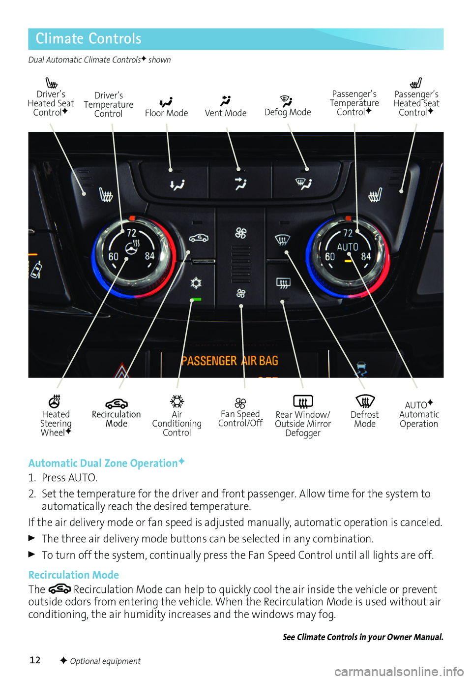 BUICK ENCORE 2017 Get To Know Guide 12
Climate Controls
Driver’s Heated Seat ControlFDefog Mode
Passenger’s Temperature ControlF
Passenger’s Heated Seat ControlFFloor Mode
Driver’s Temperature ControlVent Mode
Air Conditionin BUICK ENCORE 2017 Get To Know Guide 12
Climate Controls
Driver’s Heated Seat ControlFDefog Mode
Passenger’s Temperature ControlF
Passenger’s Heated Seat ControlFFloor Mode
Driver’s Temperature ControlVent Mode
Air Conditionin