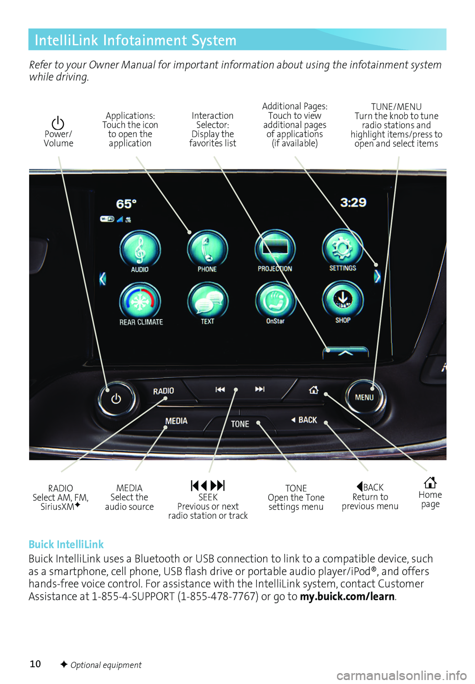 BUICK ENVISION 2017 Get To Know Guide 10
IntelliLink Infotainment System
Interaction Selector: Display the favorites list
TUNE/MENU Turn the knob to tune radio stations and highlight items/press to open and select items
Applications: Tou BUICK ENVISION 2017 Get To Know Guide 10
IntelliLink Infotainment System
Interaction Selector: Display the favorites list
TUNE/MENU Turn the knob to tune radio stations and highlight items/press to open and select items
Applications: Tou