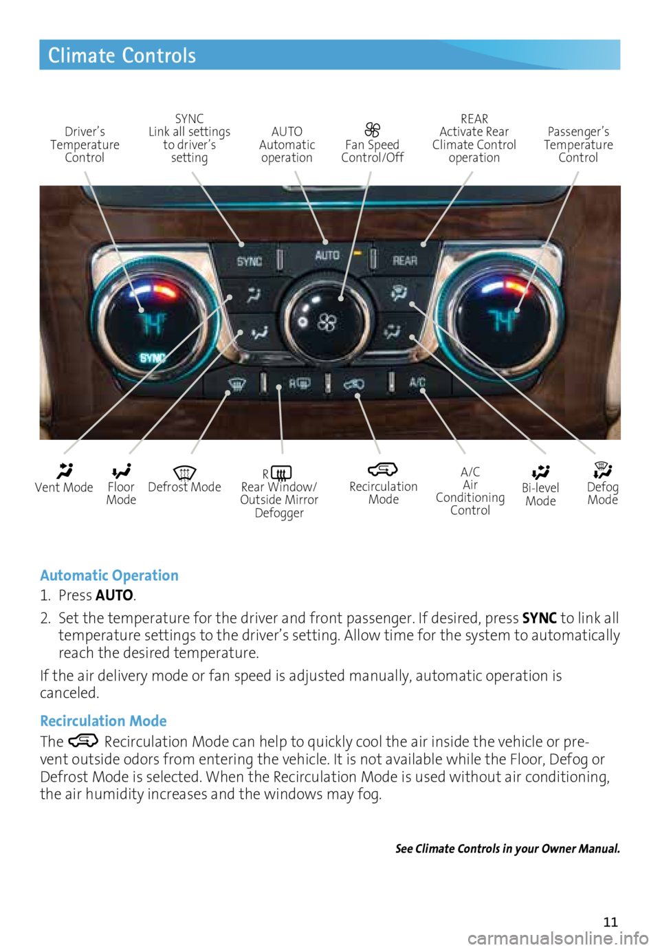 BUICK ENCLAVE 2016  Get To Know Guide 11
Climate Controls
Automatic Operation
1. Press AUTO.
2.  Set the temperature for the driver and front passenger. If desired, press SYNC to link all 
temperature settings to the driver’s setting. A
