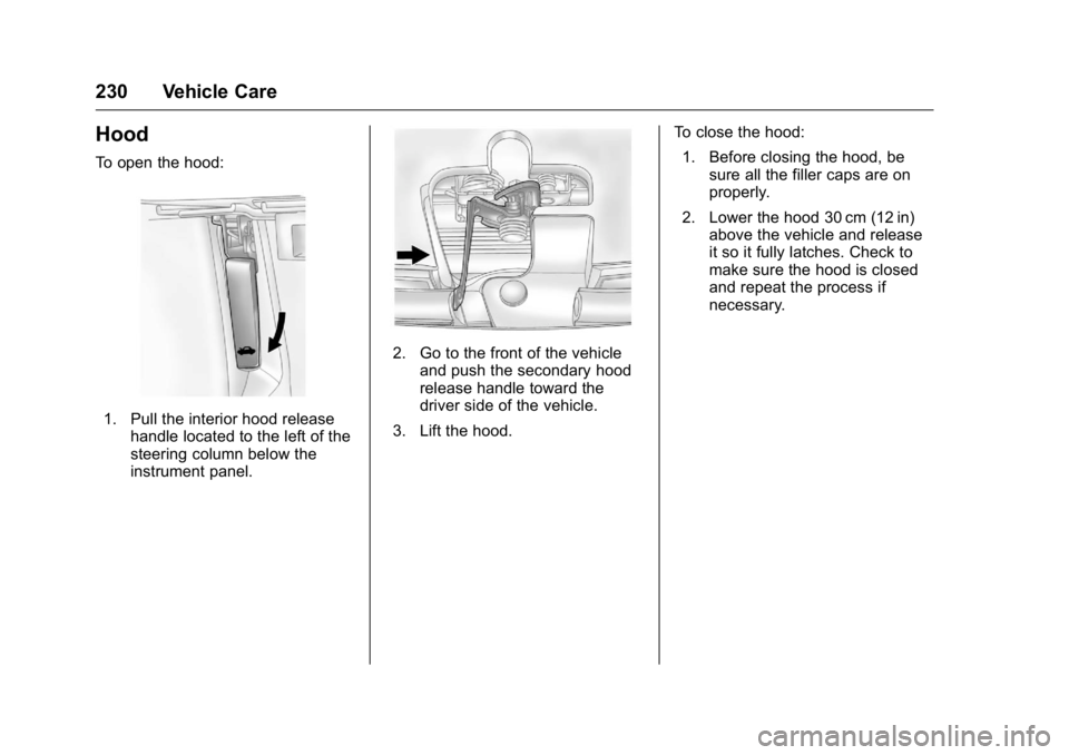 BUICK LACROSSE 2016  Owners Manual Buick LaCrosse Owner Manual (GMNA-Localizing-U.S./Canada/Mexico-
9159288) - 2016 - CRC - 10/5/15
230 Vehicle Care
Hood
To open the hood:
1. Pull the interior hood releasehandle located to the left of 