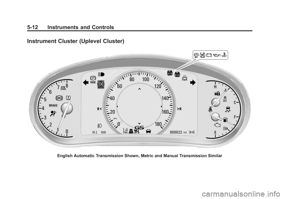 BUICK REGAL 2015  Owners Manual Black plate (12,1)Buick Regal Owner Manual (GMNA-Localizing-U.S./Canada/Mexico-
7576024) - 2015 - CRC - 9/15/14
5-12 Instruments and Controls
Instrument Cluster (Uplevel Cluster)
English Automatic Tra