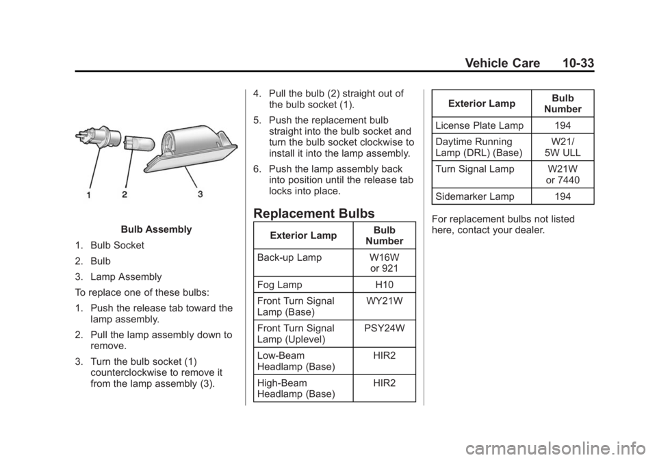BUICK REGAL 2015  Owners Manual Black plate (33,1)Buick Regal Owner Manual (GMNA-Localizing-U.S./Canada/Mexico-
7576024) - 2015 - CRC - 9/15/14
Vehicle Care 10-33
Bulb Assembly
1. Bulb Socket
2. Bulb
3. Lamp Assembly
To replace one 