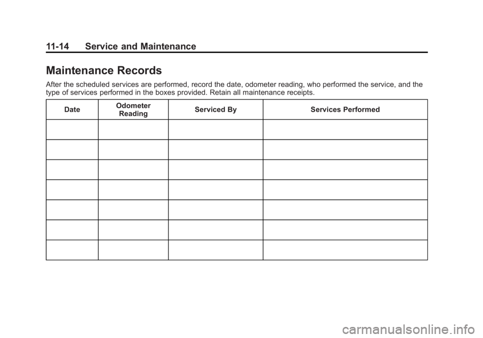 BUICK VERANO 2015  Owners Manual Black plate (14,1)Buick Verano Owner Manual (GMNA-Localizing-U.S./Canada/Mexico-
7707488) - 2015 - CRC - 10/31/14
11-14 Service and Maintenance
Maintenance Records
After the scheduled services are per