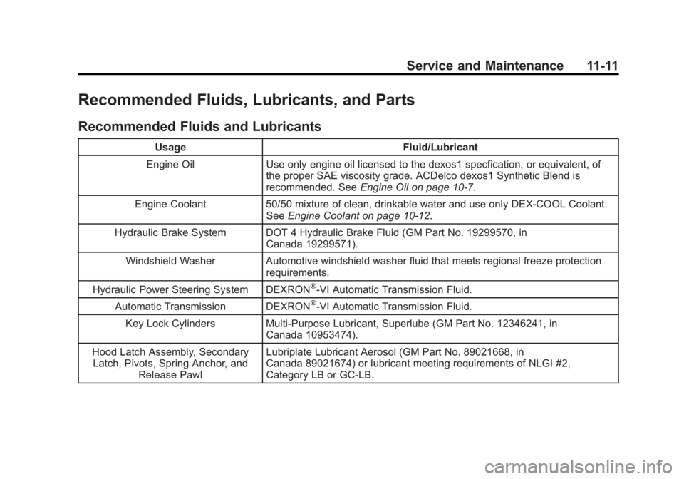 BUICK ENCORE 2013  Owners Manual Black plate (11,1)Buick Encore Owner Manual - 2013 - crc - 1/8/13
Service and Maintenance 11-11
Recommended Fluids, Lubricants, and Parts
Recommended Fluids and Lubricants
UsageFluid/Lubricant
Engine 