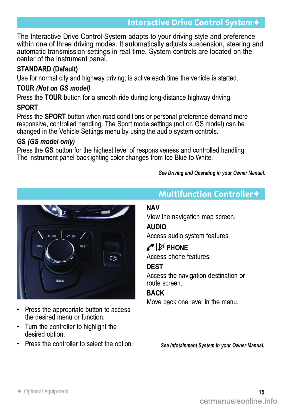 BUICK REGAL 2013  Get To Know Guide 15
Multifunction ControllerF
NAV
View the navigation map screen.
AUDIO
Access audio system features.
  PHONE
Access phone features.
DEST
Access the navigation destination or  route screen.
BACK
Move b