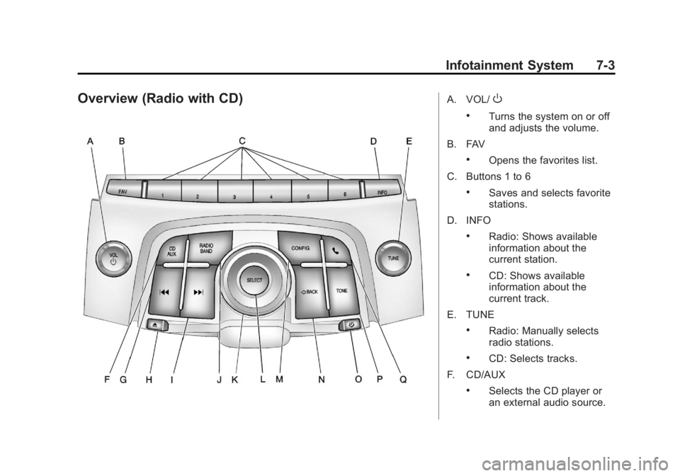 BUICK LACROSSE 2012  Owners Manual Black plate (3,1)Buick LaCrosse Owner Manual - 2012
Infotainment System 7-3
Overview (Radio with CD)A. VOL/O
.Turns the system on or off
and adjusts the volume.
B. FAV
.Opens the favorites list.
C. Bu