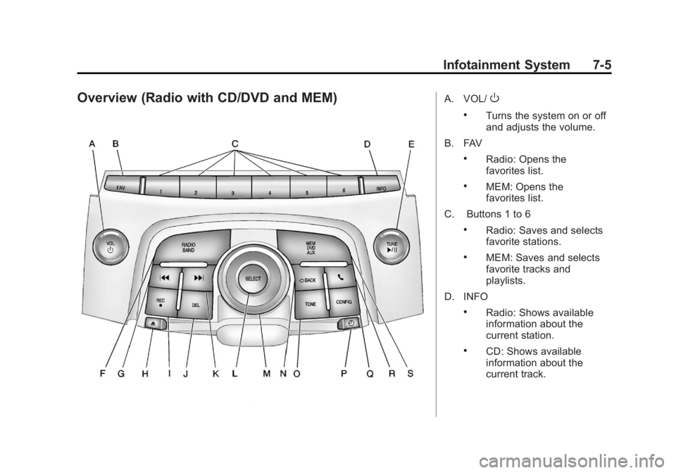 BUICK LACROSSE 2012  Owners Manual Black plate (5,1)Buick LaCrosse Owner Manual - 2012
Infotainment System 7-5
Overview (Radio with CD/DVD and MEM)A. VOL/O
.Turns the system on or off
and adjusts the volume.
B. FAV
.Radio: Opens the
fa
