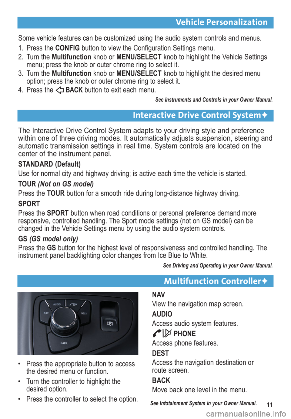 BUICK REGAL 2012 Get To Know Guide 11
Vehicle Personalization
Multifunction Controller✦
NAV
View the navigation map screen.
AUDIO
Access audio system features.
PHONE
Access phone features.
DEST
Access the navigation destination or
ro BUICK REGAL 2012 Get To Know Guide 11
Vehicle Personalization
Multifunction Controller✦
NAV
View the navigation map screen.
AUDIO
Access audio system features.
PHONE
Access phone features.
DEST
Access the navigation destination or
ro