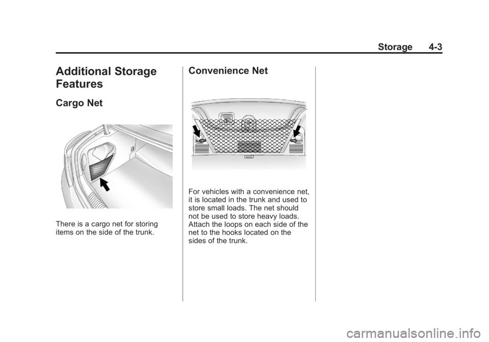BUICK REGAL 2011  Owners Manual Black plate (3,1)Buick Regal Owner Manual - 2011
Storage 4-3
Additional Storage
Features
Cargo Net
There is a cargo net for storing
items on the side of the trunk.
Convenience Net
For vehicles with a 