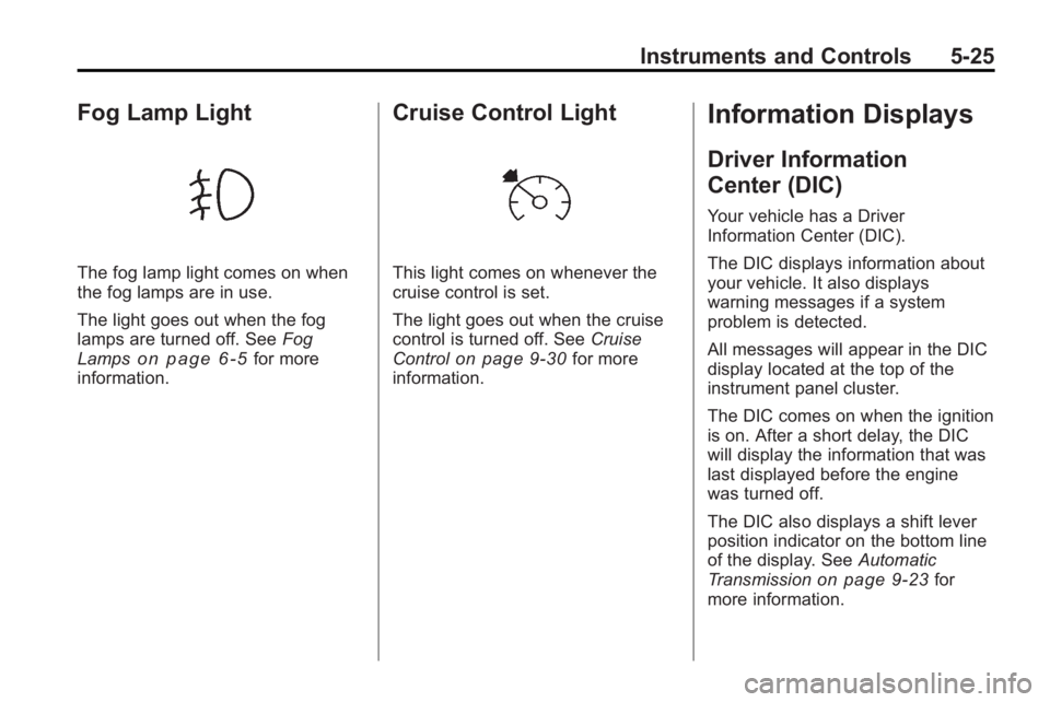 BUICK ENCLAVE 2010  Owners Manual Instruments and Controls 5-25
Fog Lamp Light
The fog lamp light comes on when
the fog lamps are in use.
The light goes out when the fog
lamps are turned off. SeeFog
Lamps
on page 6‑5for more
informa