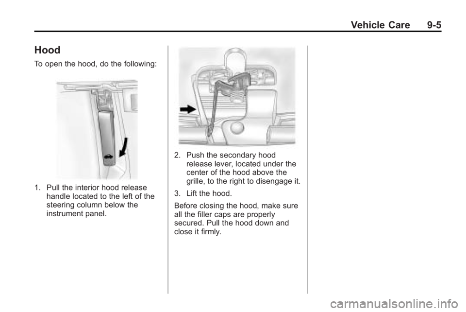 BUICK LACROSSE 2010  Owners Manual Vehicle Care 9-5
Hood
To open the hood, do the following:
1. Pull the interior hood releasehandle located to the left of the
steering column below the
instrument panel.
2. Push the secondary hoodrelea