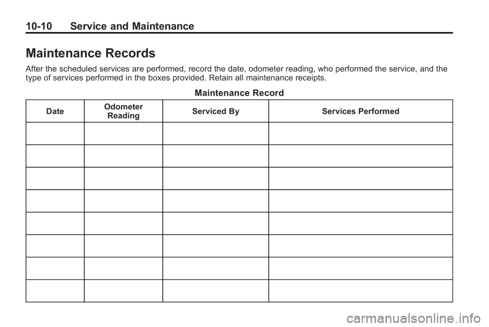 BUICK LACROSSE 2010  Owners Manual 10-10 Service and Maintenance
Maintenance Records
After the scheduled services are performed, record the date, odometer reading, who performed the service, and the
type of services performed in the bo