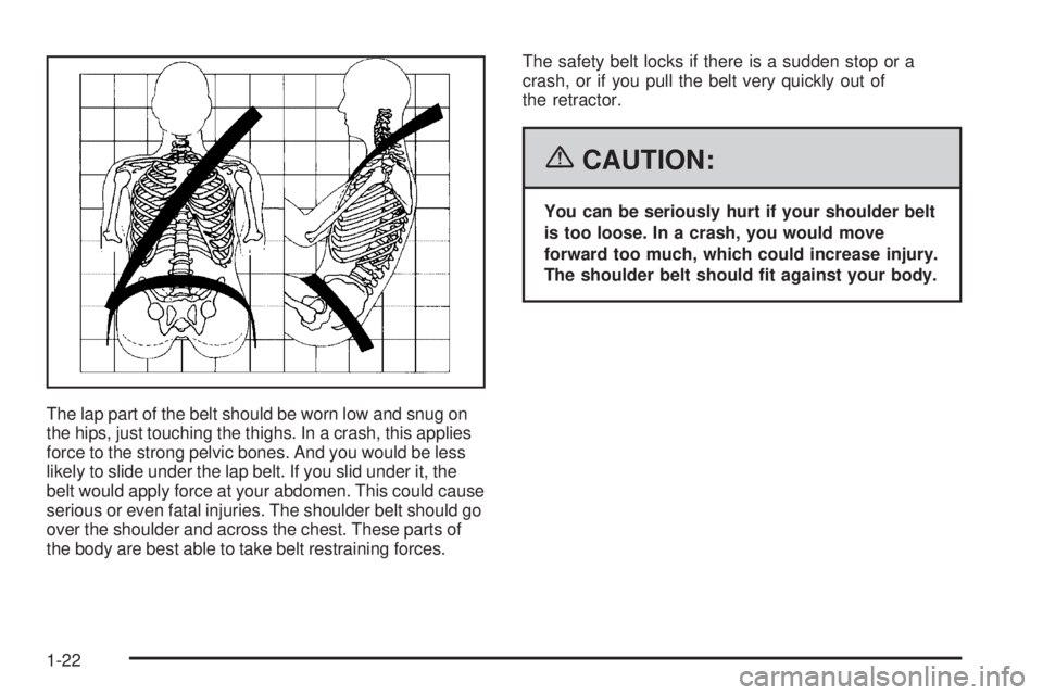 BUICK RAINIER 2006  Owners Manual The lap part of the belt should be worn low and snug on
the hips, just touching the thighs. In a crash, this applies
force to the strong pelvic bones. And you would be less
likely to slide under the l