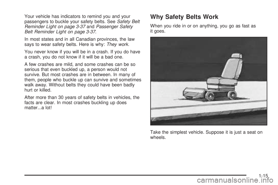 BUICK TERRAZA 2006  Owners Manual Your vehicle has indicators to remind you and your
passengers to buckle your safety belts. SeeSafety Belt
Reminder Light on page 3-37andPassenger Safety
Belt Reminder Light on page 3-37.
In most state