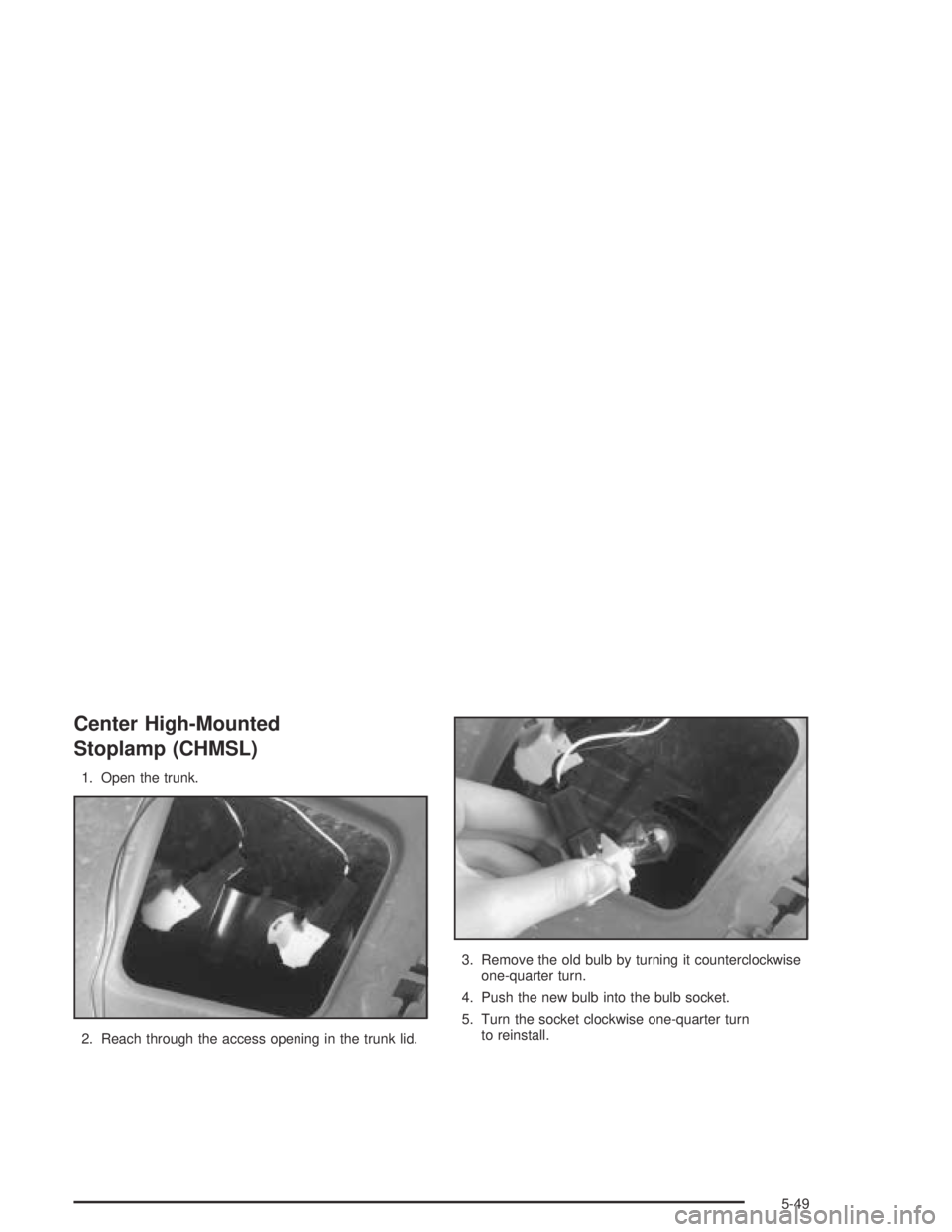 BUICK CENTURY 2005  Owners Manual Center High-Mounted
Stoplamp (CHMSL)
1. Open the trunk.
2. Reach through the access opening in the trunk lid.3. Remove the old bulb by turning it counterclockwise
one-quarter turn.
4. Push the new bul