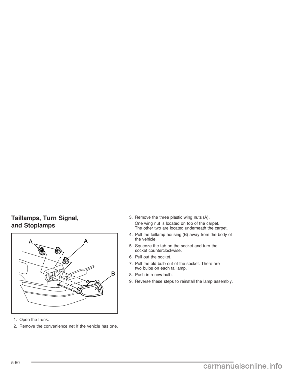 BUICK CENTURY 2005  Owners Manual Taillamps, Turn Signal,
and Stoplamps
1. Open the trunk.
2. Remove the convenience net If the vehicle has one.3. Remove the three plastic wing nuts (A).
One wing nut is located on top of the carpet.
T