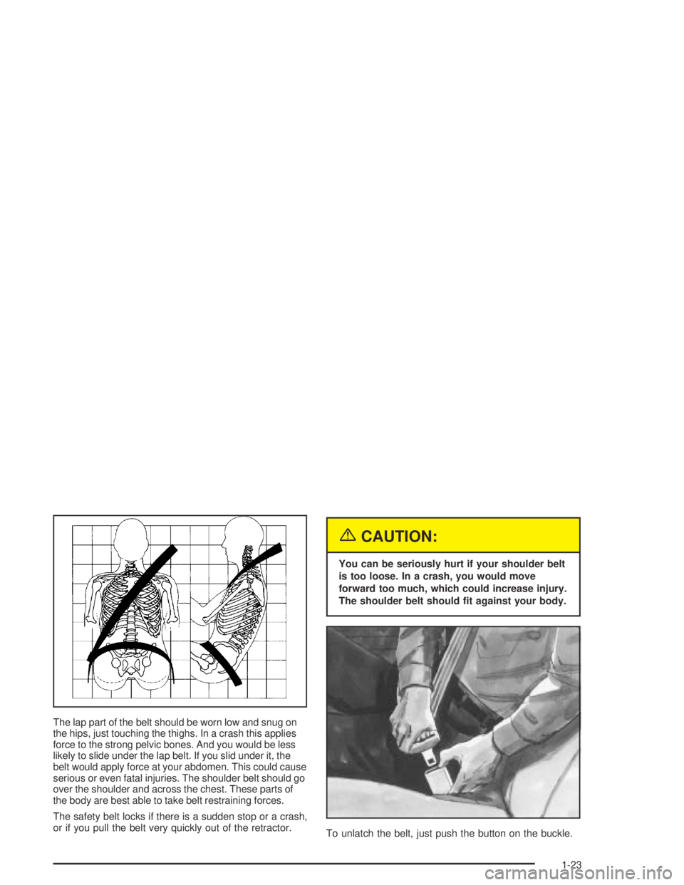 BUICK CENTURY 2005  Owners Manual The lap part of the belt should be worn low and snug on
the hips, just touching the thighs. In a crash this applies
force to the strong pelvic bones. And you would be less
likely to slide under the la