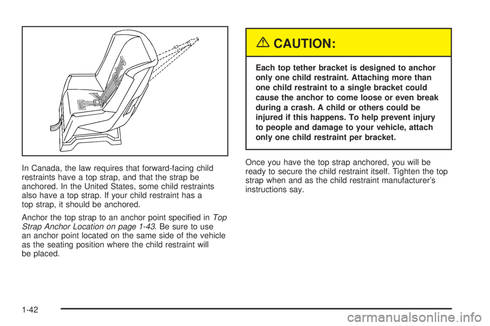 BUICK LACROSSE 2005  Owners Manual In Canada, the law requires that forward-facing child
restraints have a top strap, and that the strap be
anchored. In the United States, some child restraints
also have a top strap. If your child rest
