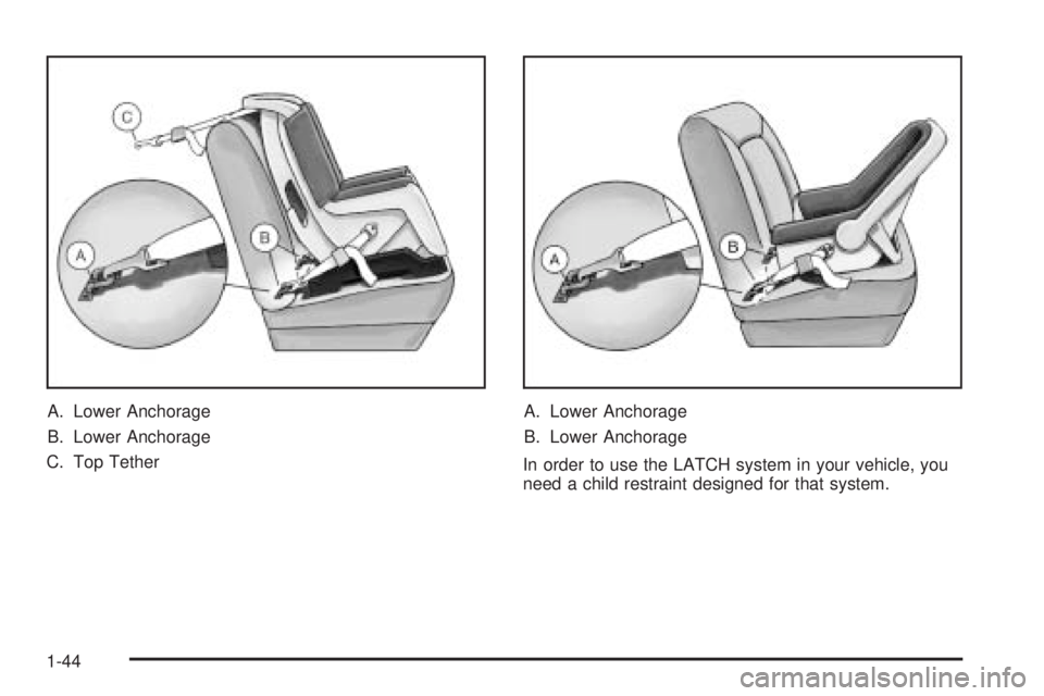 BUICK LACROSSE 2005  Owners Manual A. Lower Anchorage
B. Lower Anchorage
C. Top TetherA. Lower Anchorage
B. Lower Anchorage
In order to use the LATCH system in your vehicle, you
need a child restraint designed for that system.
1-44 