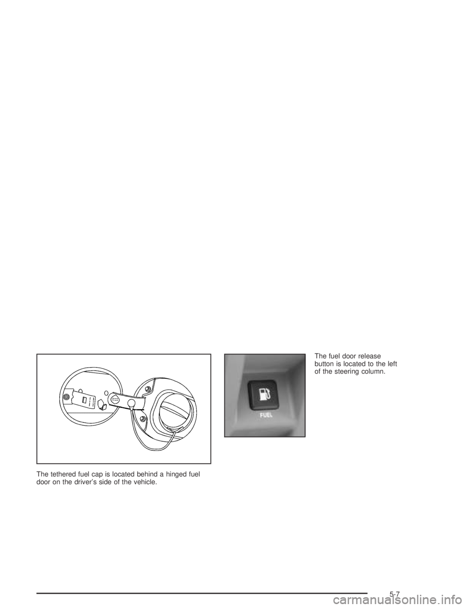 BUICK PARK AVENUE 2005  Owners Manual The tethered fuel cap is located behind a hinged fuel
door on the driver’s side of the vehicle.The fuel door release
button is located to the left
of the steering column.
5-7 
