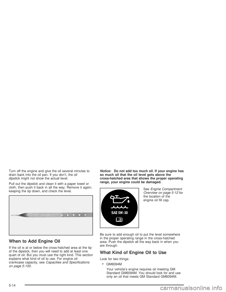 BUICK PARK AVENUE 2005  Owners Manual Turn off the engine and give the oil several minutes to
drain back into the oil pan. If you don’t, the oil
dipstick might not show the actual level.
Pull out the dipstick and clean it with a paper t