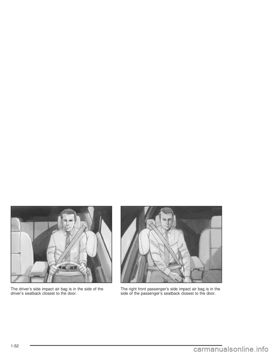BUICK PARK AVENUE 2005  Owners Manual The driver’s side impact air bag is in the side of the
driver’s seatback closest to the door.The right front passenger’s side impact air bag is in the
side of the passenger’s seatback closest 