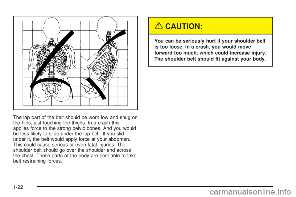 BUICK RAINIER 2005  Owners Manual The lap part of the belt should be worn low and snug on
the hips, just touching the thighs. In a crash this
applies force to the strong pelvic bones. And you would
be less likely to slide under the la