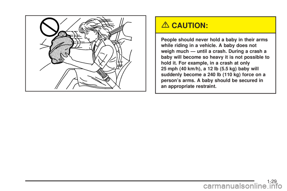 BUICK RAINIER 2005  Owners Manual {CAUTION:
People should never hold a baby in their arms
while riding in a vehicle. A baby does not
weigh much — until a crash. During a crash a
baby will become so heavy it is not possible to
hold i