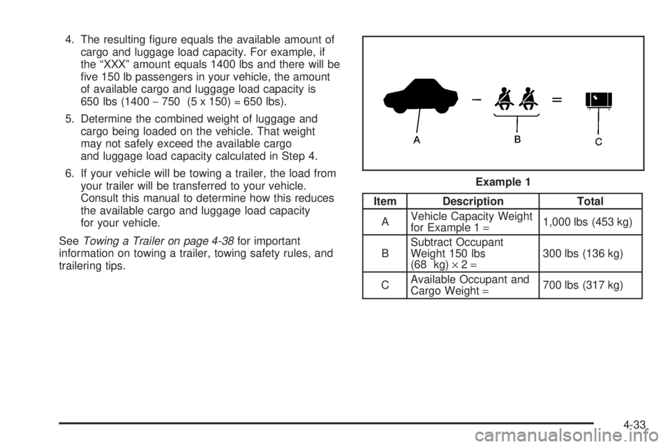 BUICK RANDEZVOUS 2005  Owners Manual 4. The resulting �gure equals the available amount of
cargo and luggage load capacity. For example, if
the “XXX” amount equals 1400 lbs and there will be
�ve 150 lb passengers in your vehicle, the