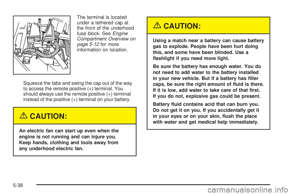 BUICK TERRAZA 2005 Owners Manual The terminal is located
under a tethered cap at
the front of the underhood
fuse block. SeeEngine
Compartment Overview on
page 5-12for more
information on location.
Squeeze the tabs and swing the cap o BUICK TERRAZA 2005 Owners Manual The terminal is located
under a tethered cap at
the front of the underhood
fuse block. SeeEngine
Compartment Overview on
page 5-12for more
information on location.
Squeeze the tabs and swing the cap o