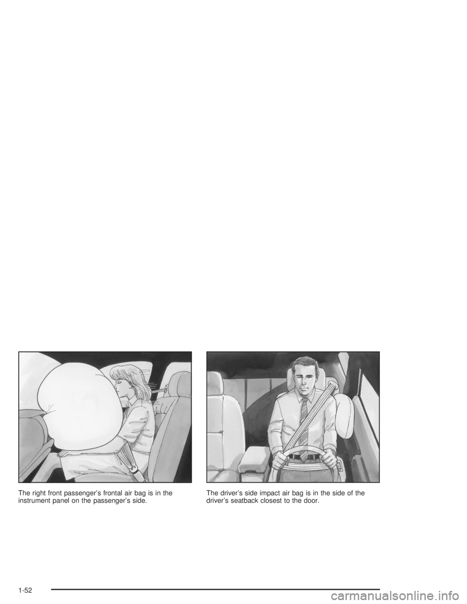 BUICK PARK AVENUE 2004  Owners Manual The right front passenger’s frontal air bag is in the
instrument panel on the passenger’s side.The driver’s side impact air bag is in the side of the
driver’s seatback closest to the door.
1-5